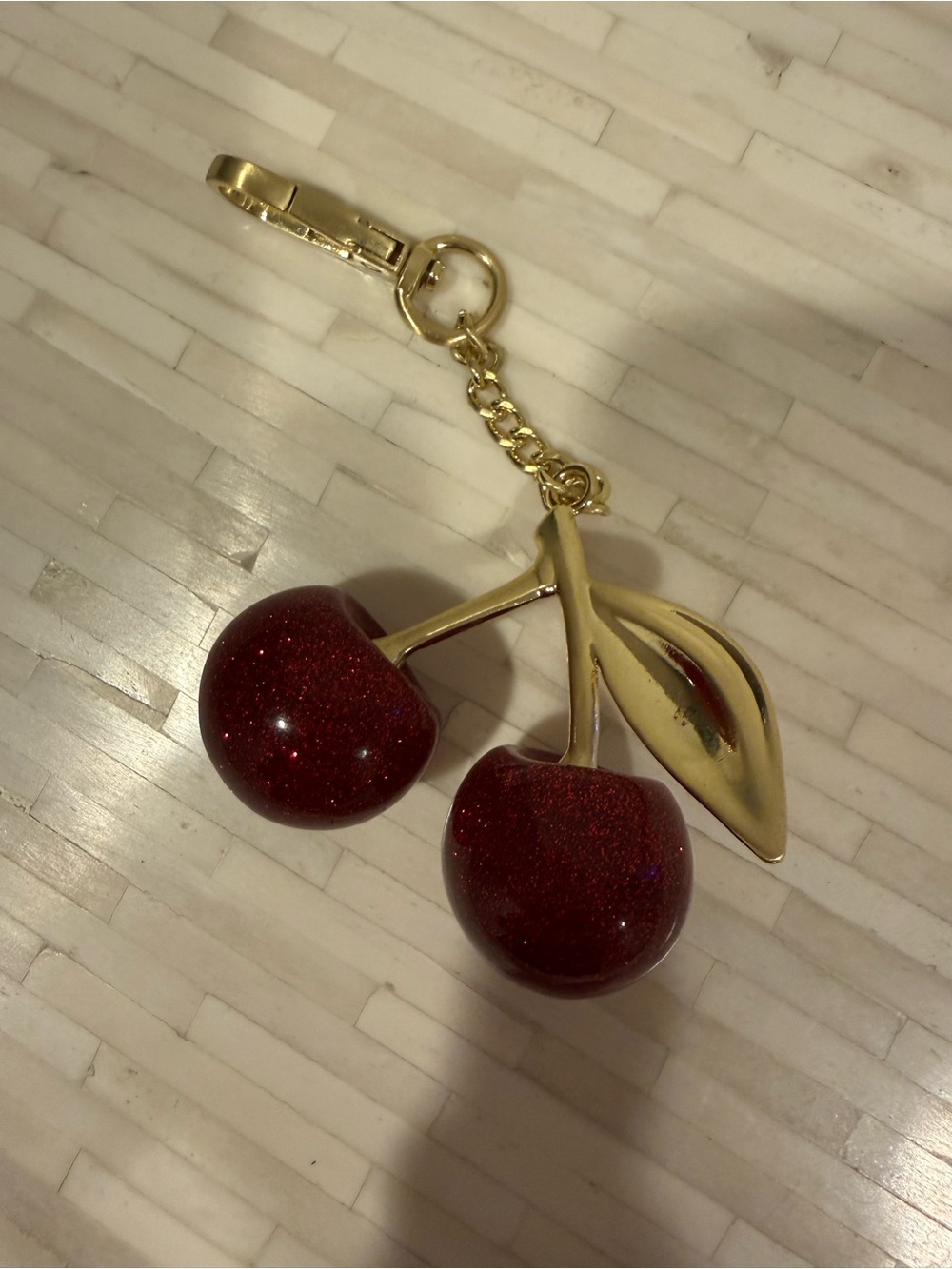 Gold Cherry Pendant Keychain with Red Enamel Cherries